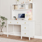MaverickFurni White Desk with Hutch, 47" White and Gold Desk with 4 Drawers, Modern Girl Desk for Bedroom, Golden Handles