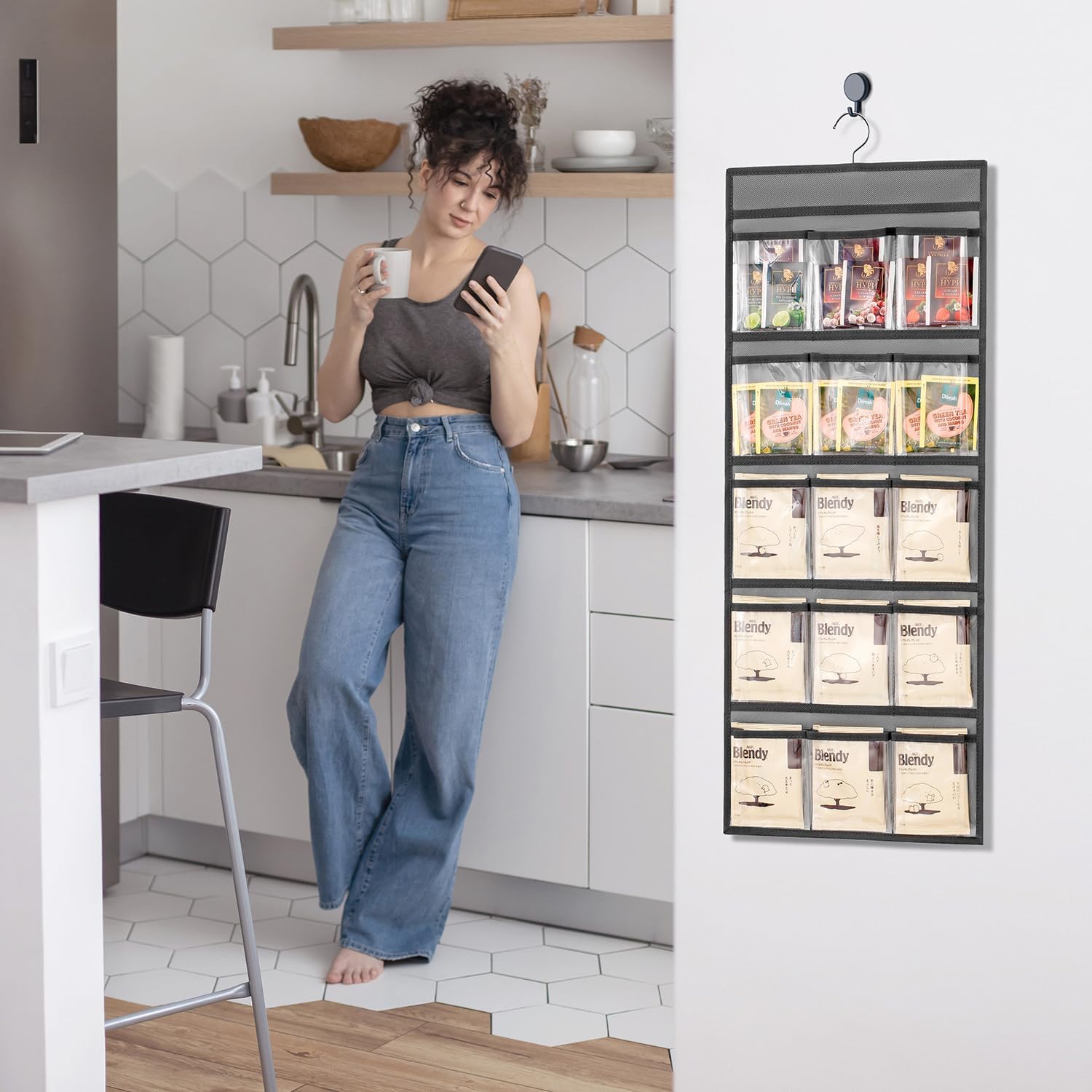 2 Pcs Hanging Tea Bag Organizer Coffee Packet Holder Tea Storage Organizer Multi-Functional Kitchen Organizer with 15 Clear Pockets (Grey)
