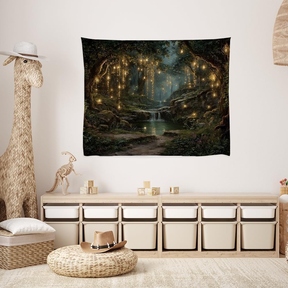 xyeey Gothic Fantasy Enchanted Forest Tapestry Mystical Waterfall Painting Wall Hanging Decor Fairy Lights Nature Landscape Art Vintage Tapestries for Living Room Gallery Wall Decor white60x80inch