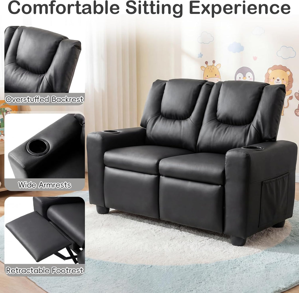 Costzon 2-Seater Kids Recliner, PU Leather Kids Loveseat w/2 Cup Holders & 2 Side Storage Pockets, Toddler Lounge Sofa Chair Couch w/Adjustable Backrest & Footrest for Girls & Boys 3+ Years Old Gifts