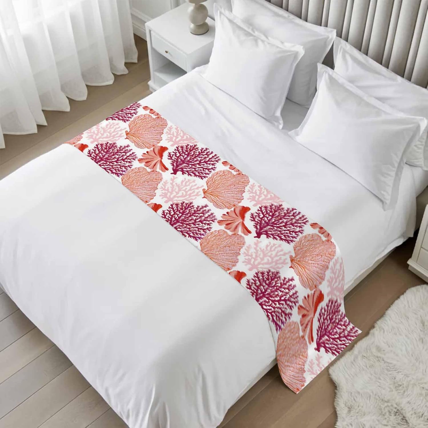 Red Orange Coastal Bed Runner Twin Size, Summer Coral Beach Nautical Bed Scarf Protector Slipcover for Bedroom Wedding Room Hotel, Bedding Runner Throws for Foot of Beds 71"x20"
