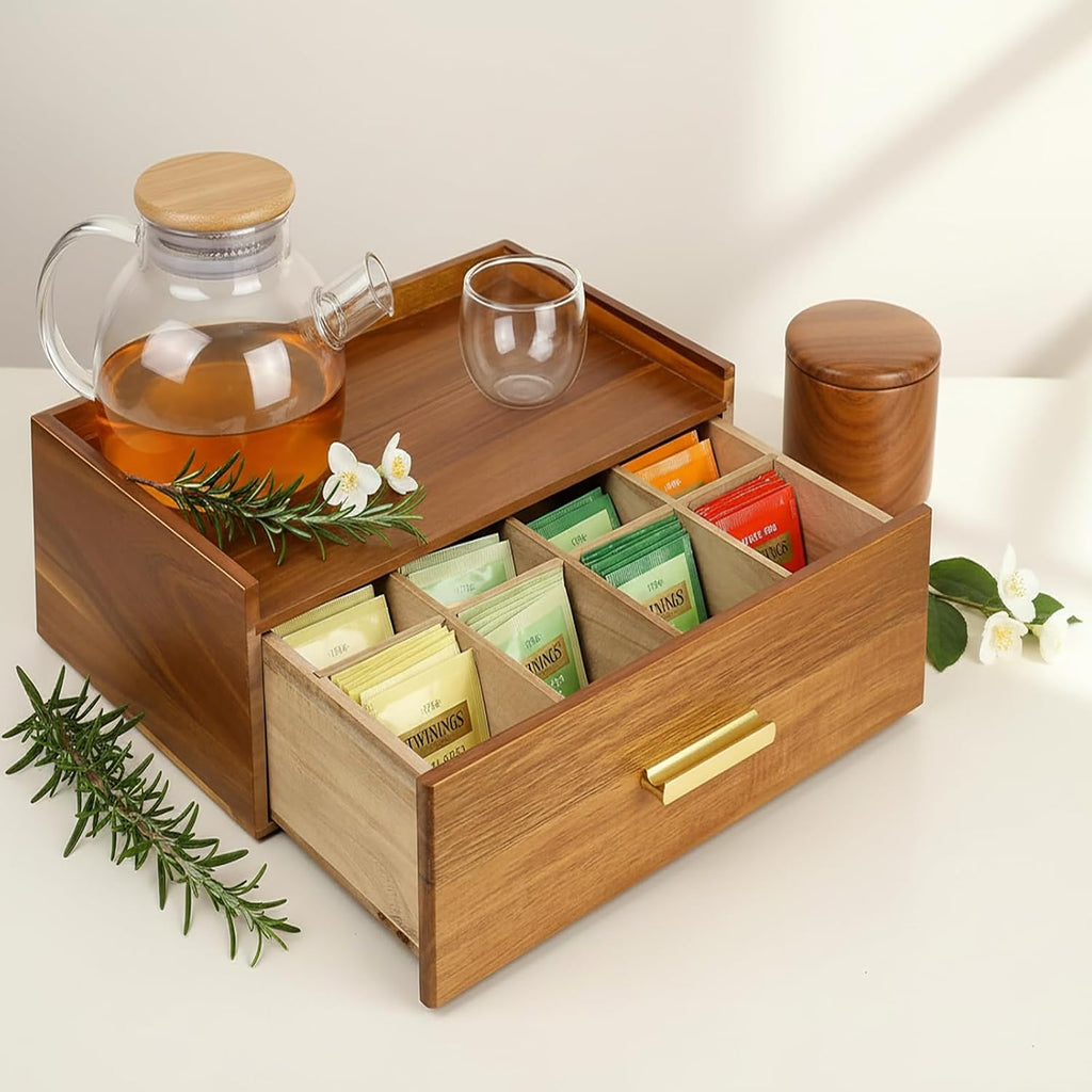 Acacia Wooden Tea Box Organizer with Drawer,Tea Chest for Tea Bags Storage,Tea and Coffee Organizer, Wood Tea Tray and Containers for Countertop Display,Acacia Wood