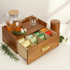 Acacia Wooden Tea Box Organizer with Drawer,Tea Chest for Tea Bags Storage,Tea and Coffee Organizer, Wood Tea Tray and Containers for Countertop Display,Acacia Wood