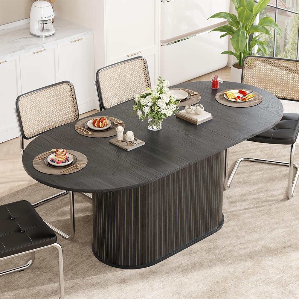 WILLIAMSPACE 70.86" Oval Extendable Dining Table with Striped Legs for 6 to 8, Modern Wooden Kitchen Table with Extension Leaves, Mid Century Dining Room Table, Easy Assemble (55.11"-70.86", Black)