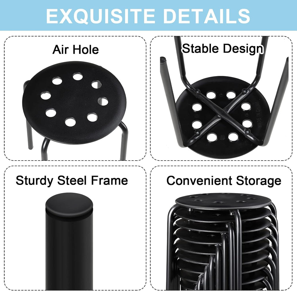 Tuanse 10 Pcs Stacking Stools Set with Metal Frame 17.72'' Portable Stackable Plastic Backless Stool with Round Top for Adult Office Home Kitchen(Black)