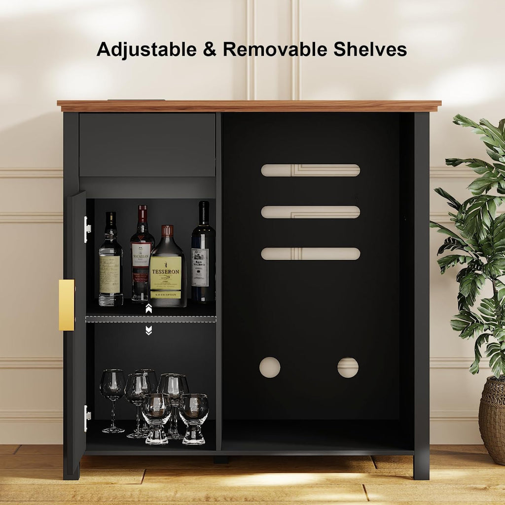 Mini Fridge Cabinet with Charging Station, Modern Fluted Coffee Bar Cabinet with Beverage and Wine Storage, Compact Coffee Bar with Mini Fridge Space for Kitchen, Dining Room or Living Room
