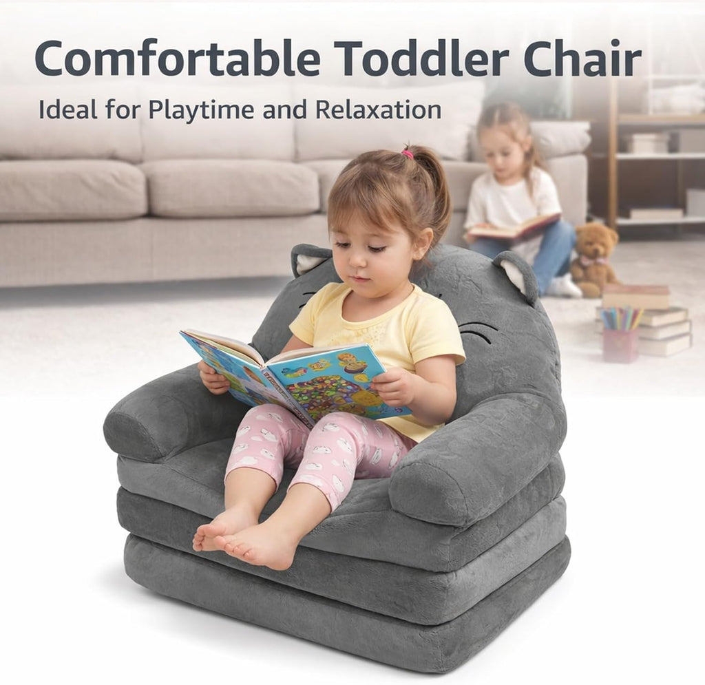 Kids Couch Toddler Chair Plush Cat Design, Foldable Floor Seat Grey 3 Layer - Comfortable Soft Cushion, Portable and, Perfect for Napping and Playing (3 Layers)