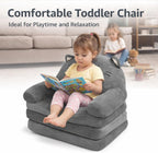 Kids Couch Toddler Chair Plush Cat Design, Foldable Floor Seat Grey 3 Layer - Comfortable Soft Cushion, Portable and, Perfect for Napping and Playing (3 Layers)