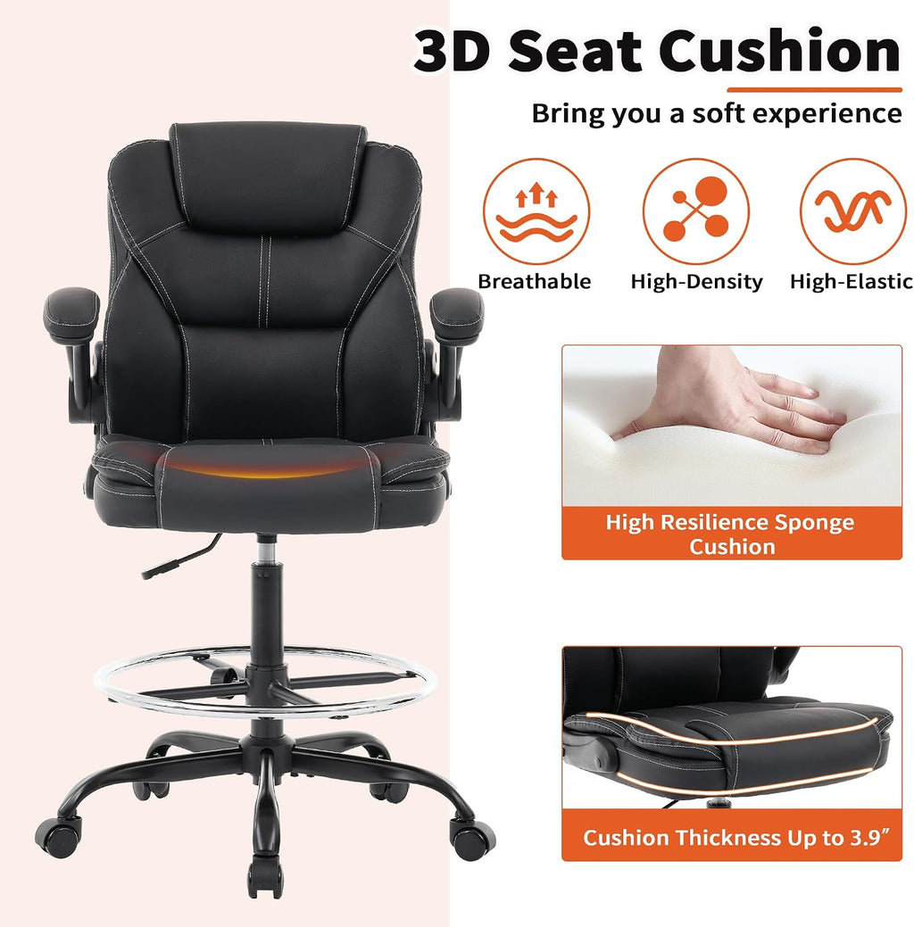 Drafting Chair Tall Office Chair for Standing Desk, 500lbs Heavy Duty Executive Chair with Flip-up Arms, 3D Contoured Leather Desk Chair with Adjustable Foot Ring & Height for Counter Height Desk