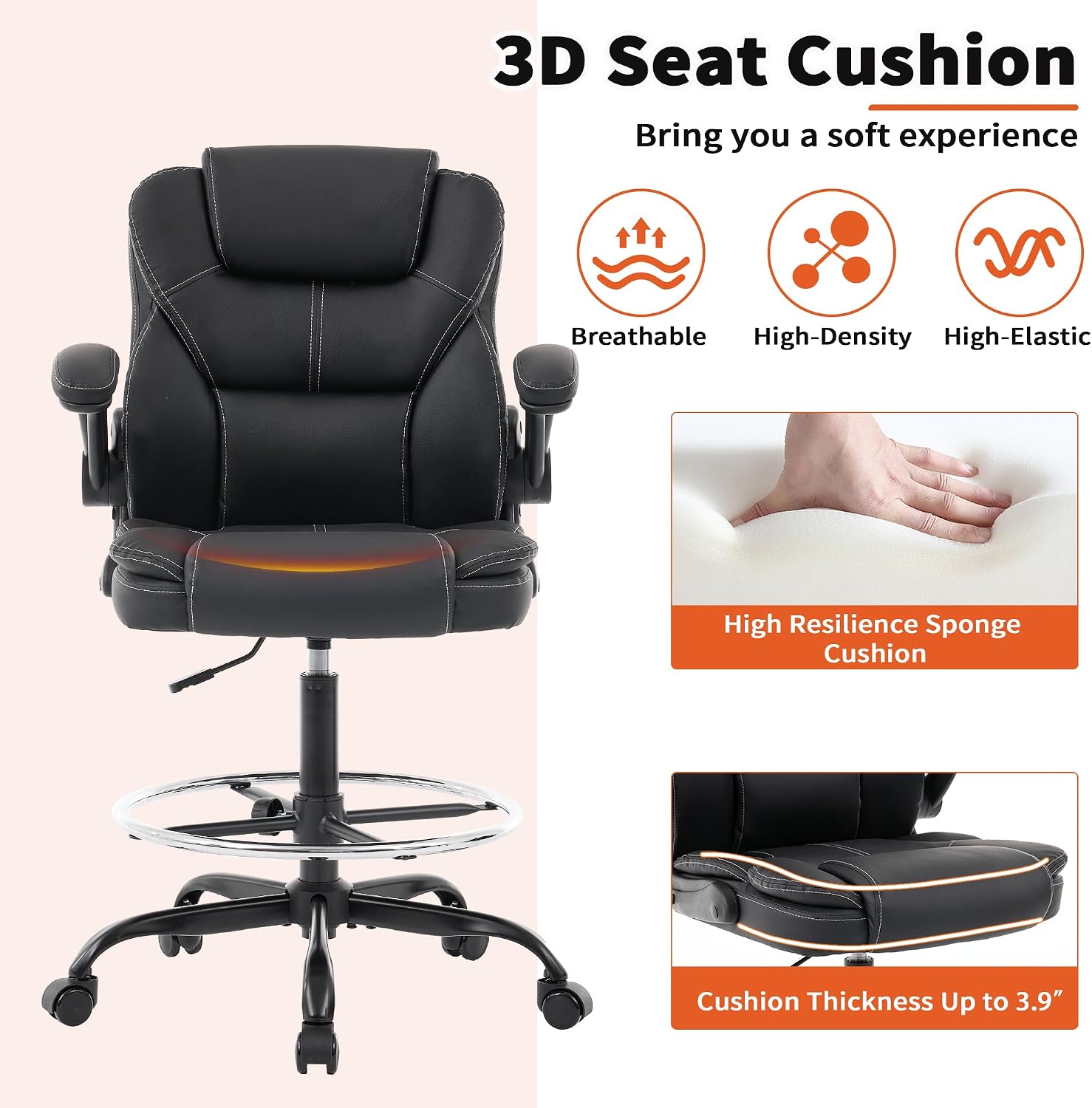 Drafting Chair Tall Office Chair for Standing Desk, 500lbs Heavy Duty Executive Chair with Flip-up Arms, 3D Contoured Leather Desk Chair with Adjustable Foot Ring & Height for Counter Height Desk