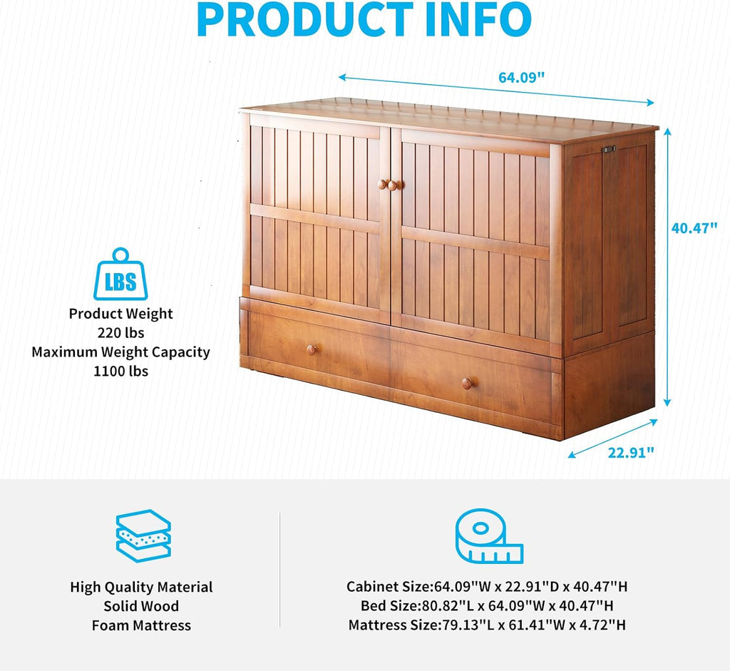 Mjkone Queen Size Murphy Cabinet Bed with Mattress Include, Queen Murphy Bed with Large Storage Drawer, Cabinet Cube Chest Beds with Built-in USB Charging Station for Bedroom Guest Room Stuido(Cherry)