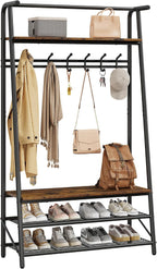 Amyove Coat Rack Shoe Bench with 10 Hooks, Hall Trees Entryway Bench with Storage, Multifunctional Hallway Organizer, Wood Look Accent Furniture with Metal Frame