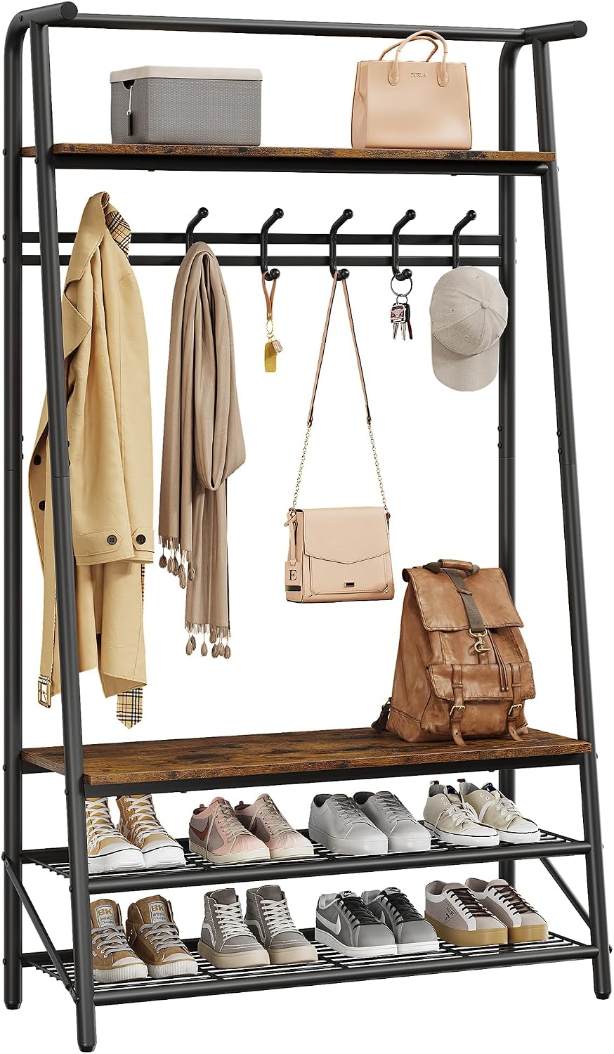 Amyove Coat Rack Shoe Bench with 10 Hooks, Hall Trees Entryway Bench with Storage, Multifunctional Hallway Organizer, Wood Look Accent Furniture with Metal Frame
