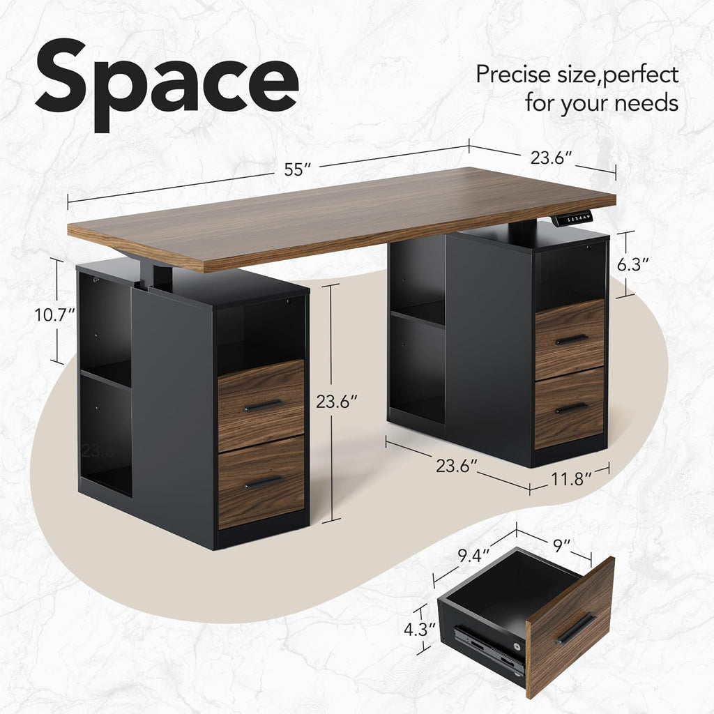 HUANUO 55" Standing Desk with Drawers, Executive Electric Height Adjustable Stand Up Desk with Storage, Black Walnut