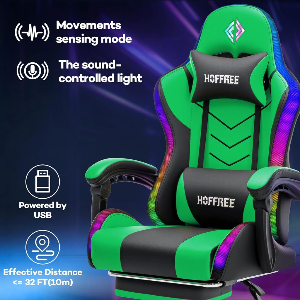 HOFFREE RGB Gaming Chair with Speakers Music Rhythm LED Lights Massage Computer Chair Video Game Chairs for Adults High Back Gamer Chair with Footrest & Lumbar Support Green