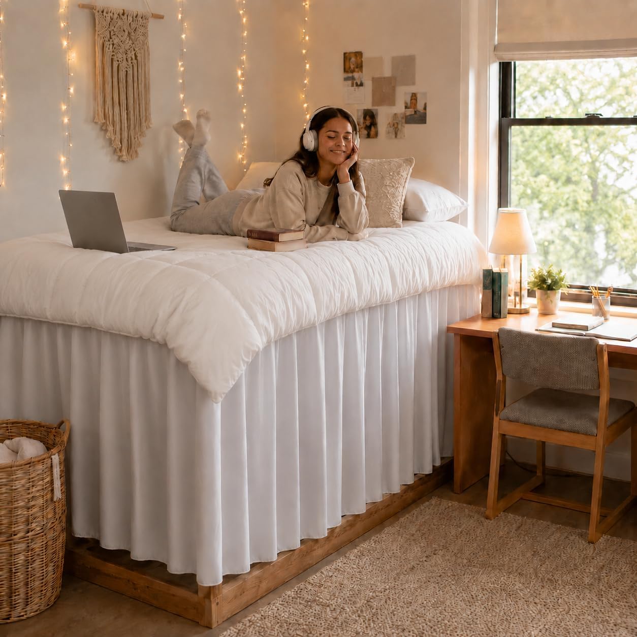 36'' Twin XL Dorm Bed Skirt, 3-Sided | Dust Ruffle With Platform Design, Long Drop, Wrinkle Resistant and Machine Washable, Hides Underbed Storage