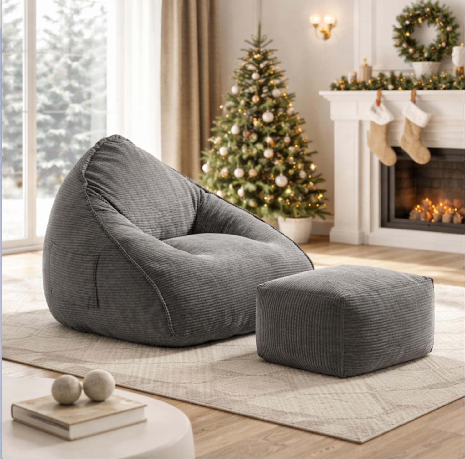 Bean Bag Chair with Ottoman for Adults, Large Corduroy Bean Bag Couch, Boneless Chaise Lounge Reading Chair with High-Resilience Foam, Floor Lounger for Bedroom Living Room (Grey)