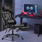 Massage Gaming Chair with Footrest - Ergonomic PC Office Chair with Lumbar Support, Headrest, Armrest - High Back PU Leather Recliner, Heavy Duty Swivel Gamer Chair, Black