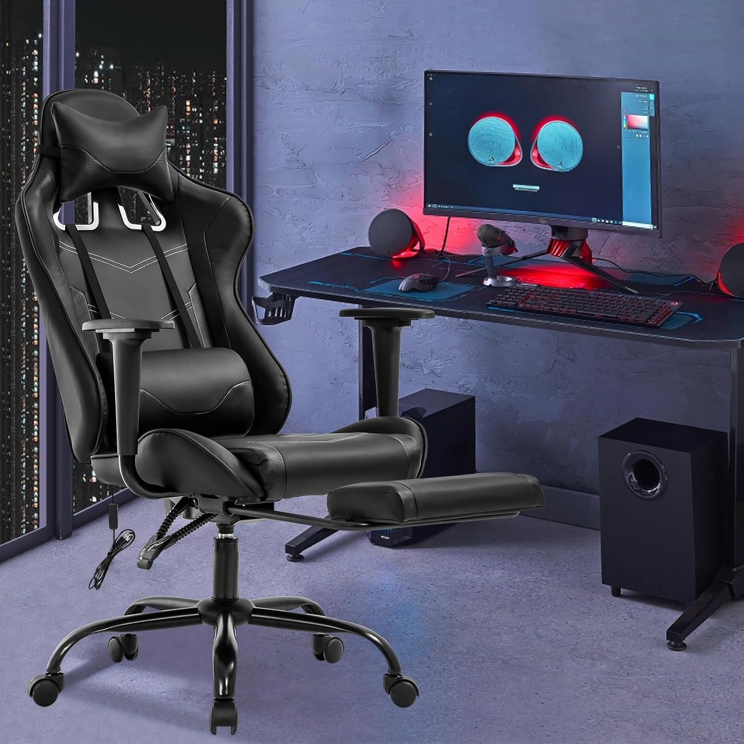 Massage Gaming Chair with Footrest - Ergonomic PC Office Chair with Lumbar Support, Headrest, Armrest - High Back PU Leather Recliner, Heavy Duty Swivel Gamer Chair, Black