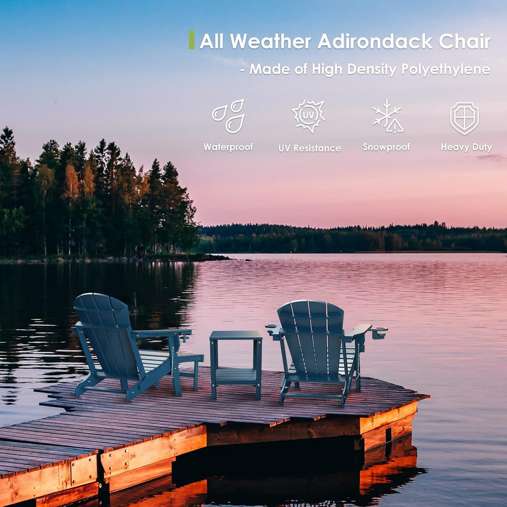GREENVINES Adirondack-Chairs-with-Ottoman | Set of 2 | Folding | Retractable-Footrest | HDPE Plastic | All Weather Fire Pit Chair | Cup Holders | Blue | for Outdoor Poolside