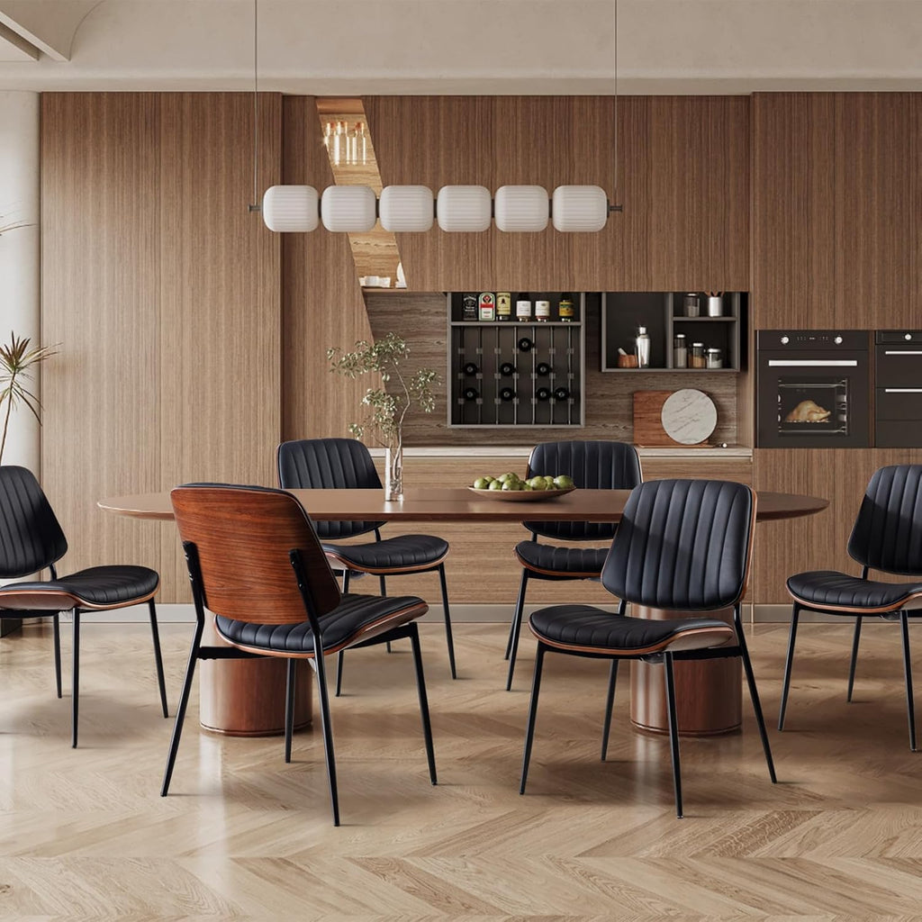 Dining Chairs Set of 6, Upholstered Mid-Century Modern Dining Room and Kitchen Chairs with Walnut Backrest,Retro Accent PU Leather Side Chairs with Metal Legs,Dark Black