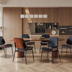 Dining Chairs Set of 6, Upholstered Mid-Century Modern Dining Room and Kitchen Chairs with Walnut Backrest,Retro Accent PU Leather Side Chairs with Metal Legs,Dark Black