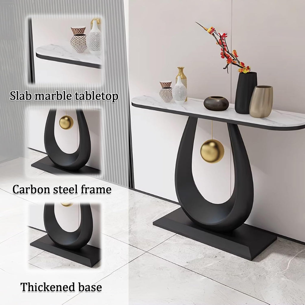Contemporary Semi-Circular Telephone Table, Narrow Console with Stone Top, Stylish Hallway Cabinet, Perfect Accent Table for Living Room & Entrance Decor