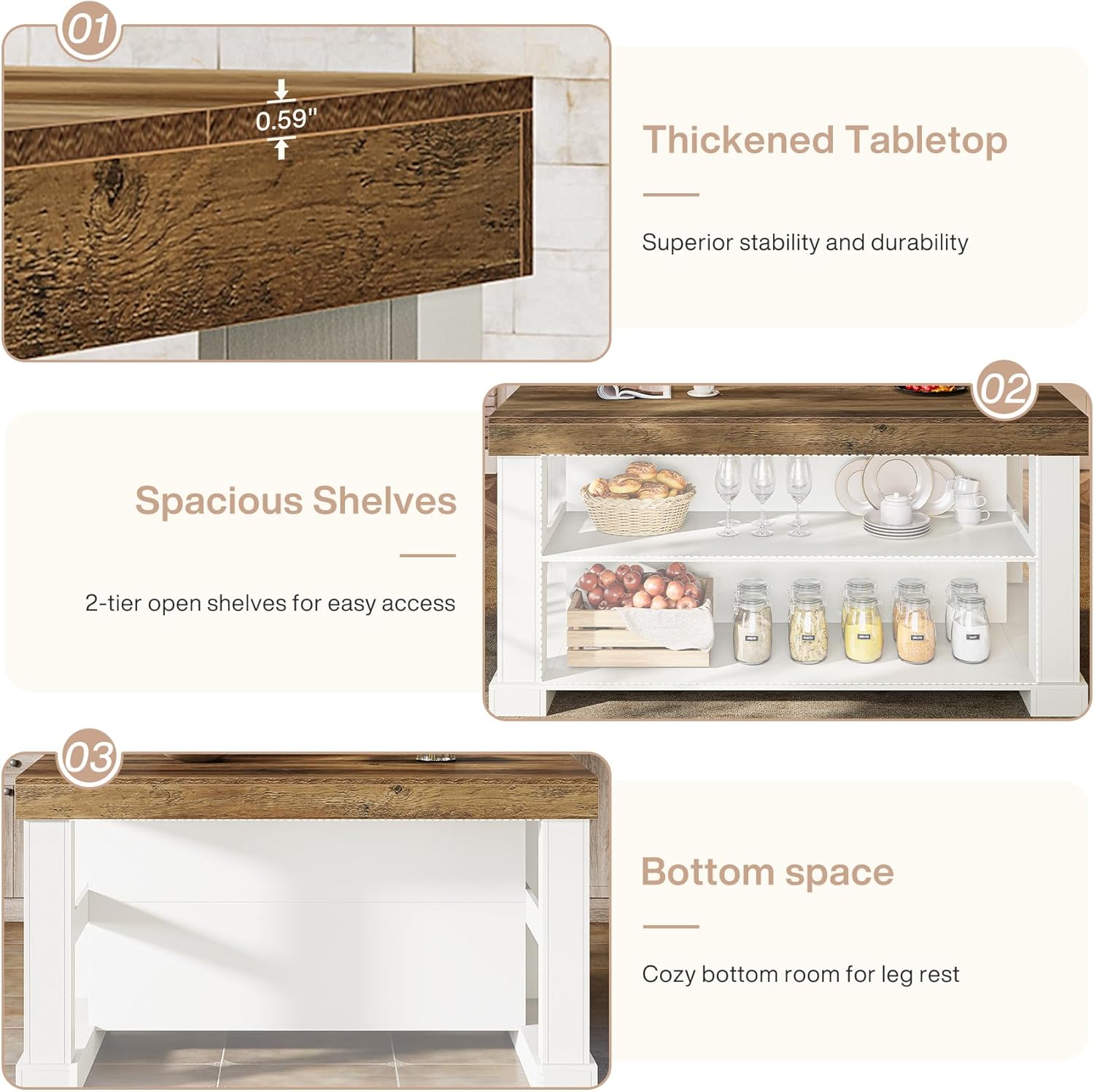 Tribesigns 55" Kitchen Island with Seating and Storage, 3-Tier Farmhouse Wood Stationary Island Table with Large Worktop & Leg Room, Coffee Bar Table with Storage Shelves for Kitchen, White and Brown