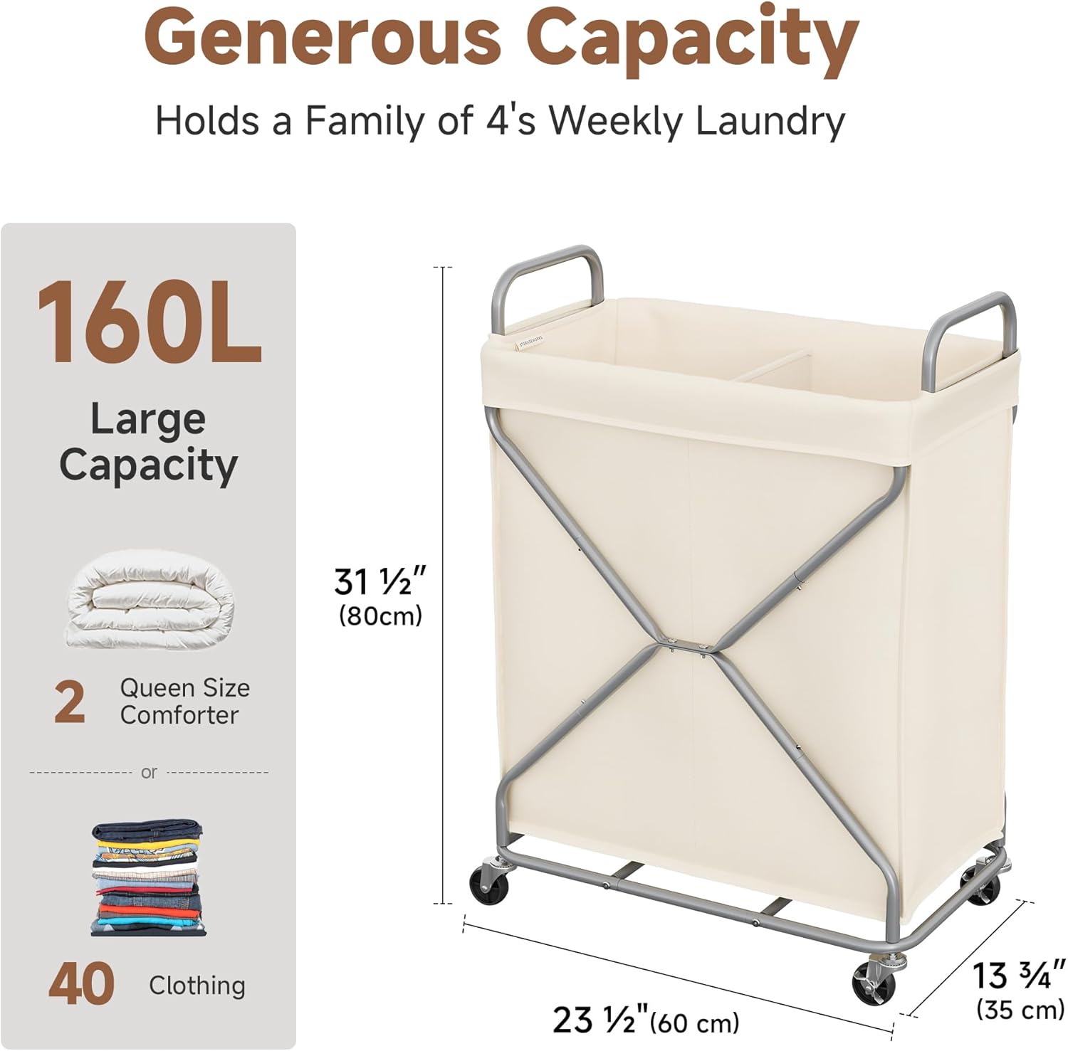 StorageWorks 2-Section Laundry Basket with Wheels, 160L Laundry Hamper with Removable Bag and Handles, Laundry Sorter Cart for Storage and Organizer, Beige