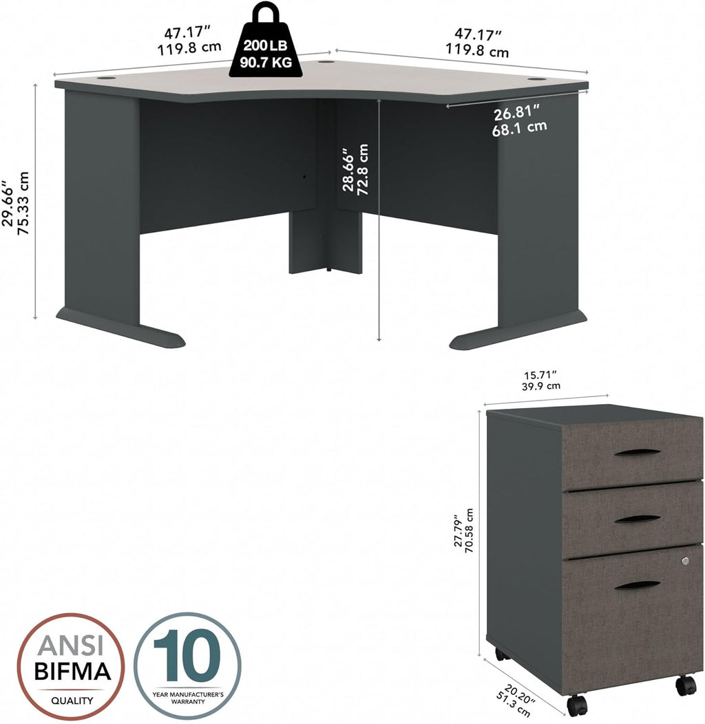 Bush Business Furniture Series A 48W Corner Desk with Mobile File Cabinet in Slate and White Spectrum