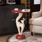 Creative Cat-Shaped Side Table,Floor-Standing Bedside Cabinet with Open Shelf,Resin Coffee Tables for Living Room,Bedroom,Balcony,Office,Hallway Home Decor Gift(35 * 35 * 50CM, Red and White)
