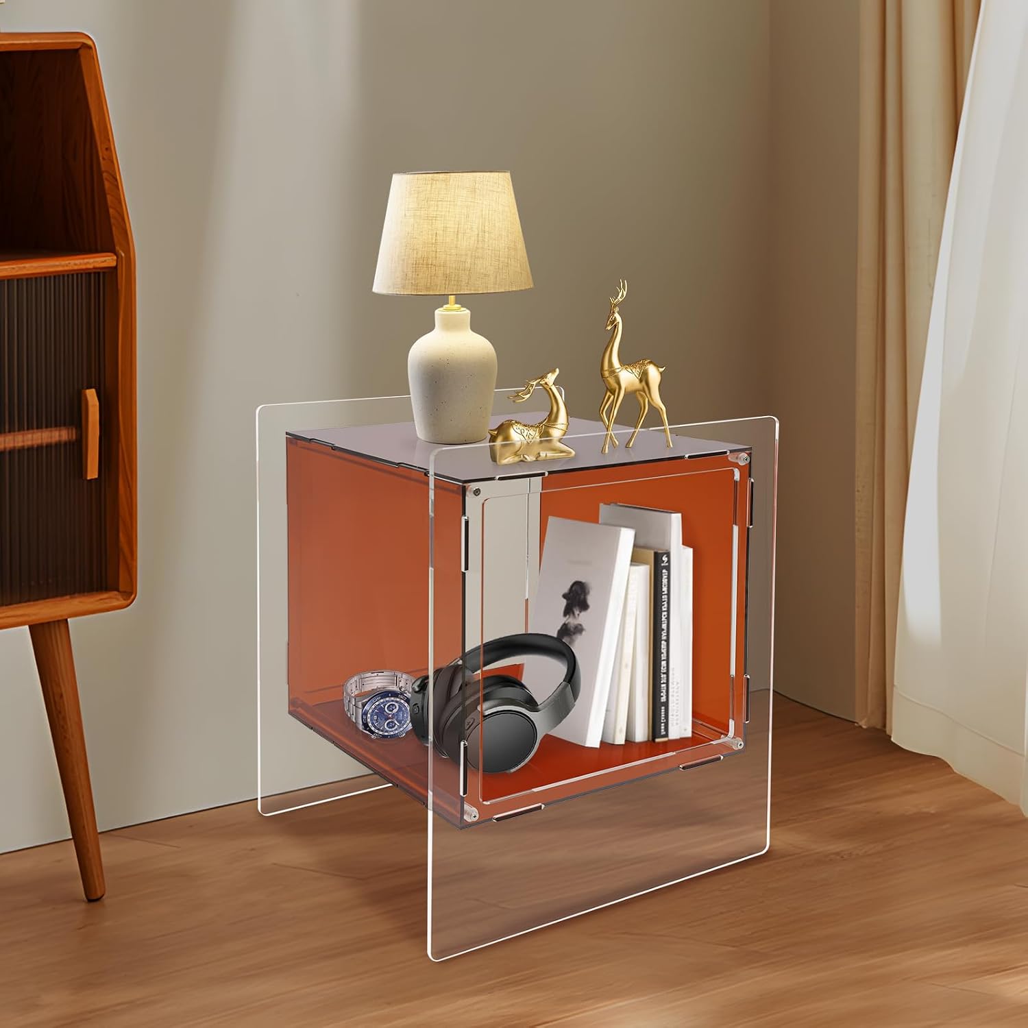 Acrylic End Table, 18.11" L X 15.75" W X 21.65" H Acrylic Night Stand, 22.05 Lbs Load-Bearing Capacity Coffee Table for Living Rooms, Bedrooms, Offices(Dark Brown)