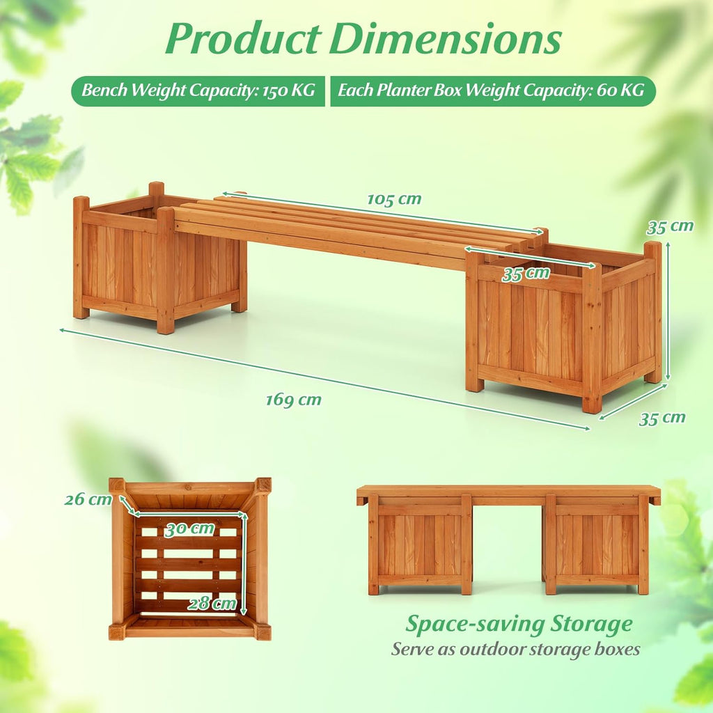 HAPPYGRILL 2-in-1 Outdoor Bench with 2 Raised Garden Beds, 2 Person Patio Bench with Teak Oil Finish, Open-Ended Base, Wooden Garden Bench for Flowerpots, Indoor Patio Yard Porch Decoration (1)