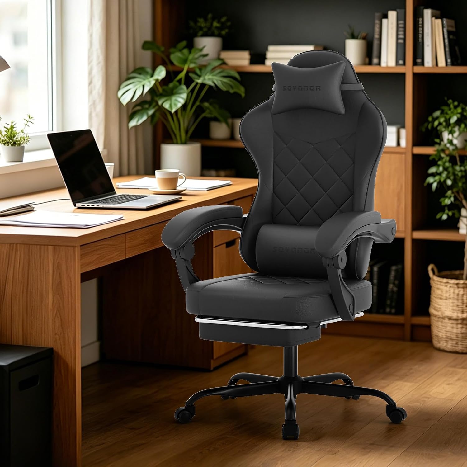 Gaming Chair with Footrest, Ergonomic Leather Computer Chair with Lumbar Support, Height Adjustable High Back Swivel Office Chair for Adults, Gamer Chair for Gaming, Working,Black