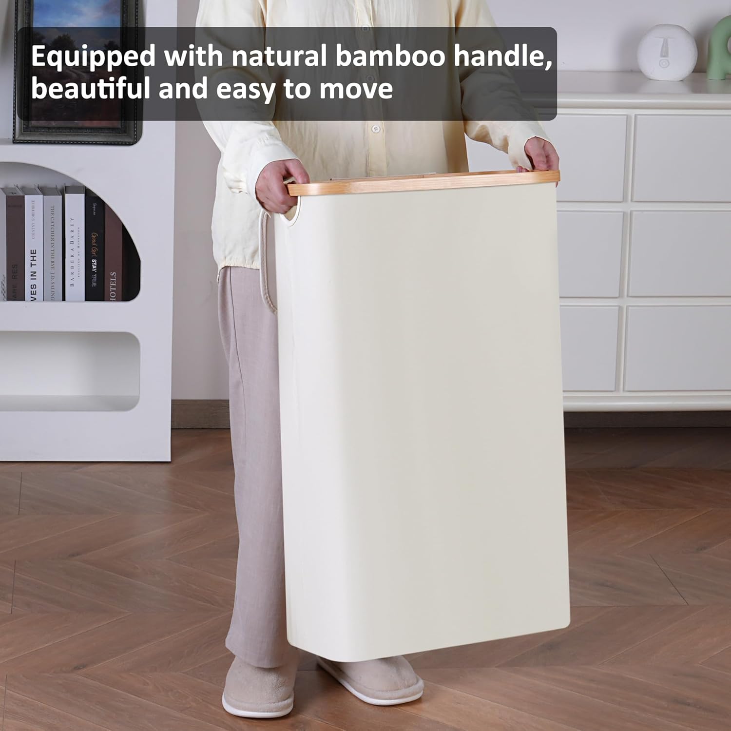 Slim Laundry Hamper,Narrow laundry Hamper with Lid,60L Hamper for Laundry,Dirty Cloth Hamper with Bamboo Handle for Towels, Clothes Organizing,Beige