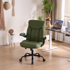 Leather Executive Office Chair - Ergonomic Computer Chair with Flip-up Arms Comfy PU Leather Home Desk Chairs Mid Back Support Adjustable Height Tilt Lock Swivel Rolling Wheels, Green