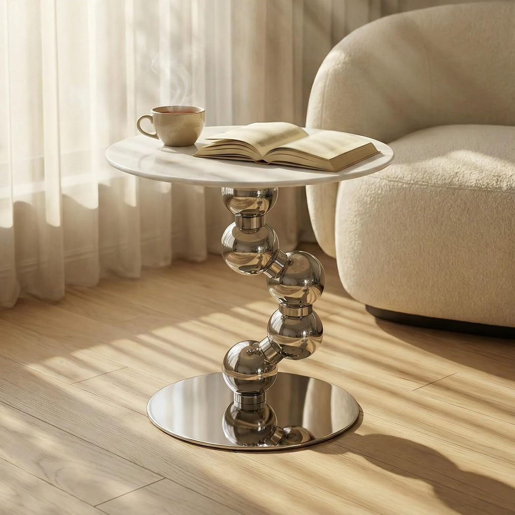 Small Round End Table, Marble Top Metal Side Table, Slim Accent Desk for Small Spaces, Living Room, Bedroom, 17.7"x19.7"(Green)