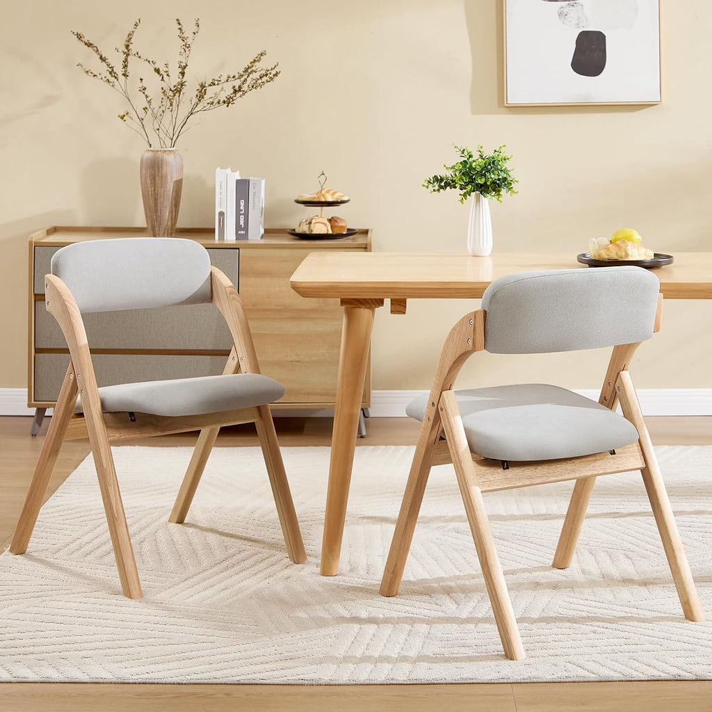 2-Pack Folding Chairs with Cushion Linen Padded Foldable Chairs Raw Wood Folding Dining Chairs for Dining Rooms Kitchen Parties Offices Indoor Outdoor Light Grey