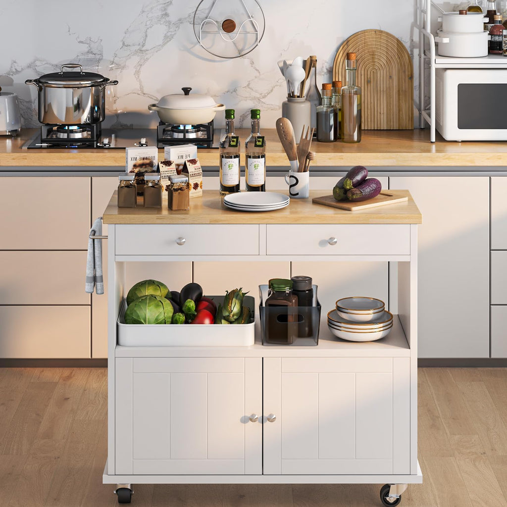 knoworld Rolling Kitchen Island with Storage Cabinet, 35.4'' Width Kitchen Cart, 2 Drawers Island Table, Portable Mobile Kitchen Island with Towel Rack, Wood Top and Lockable Wheels, White