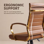 Okeysen Gold Office Desk Chair, Ergonomic Leather Modern Conference Room Chairs, Executive Ribbed Height Adjustable Swivel Rolling Golden Chair for Home Office.