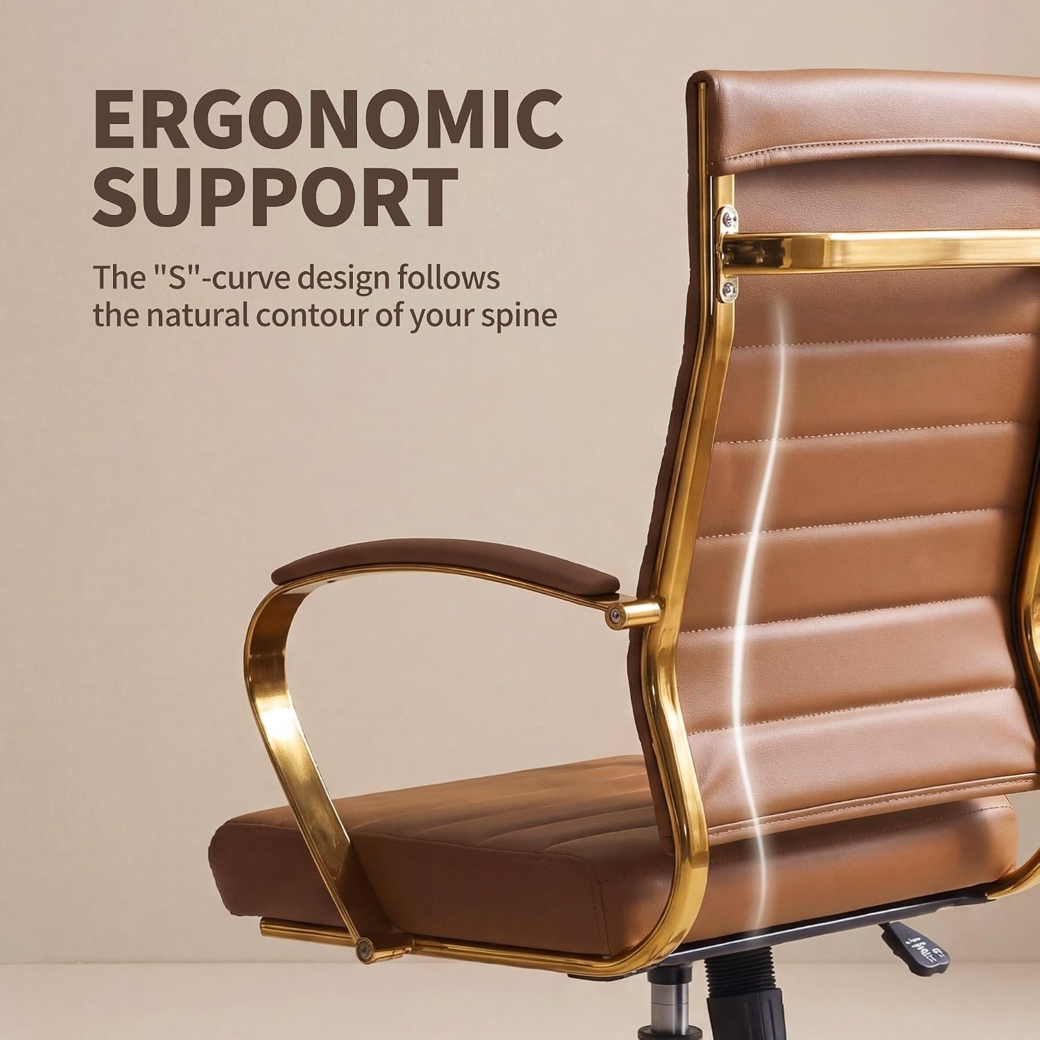 Okeysen Gold Office Desk Chair, Ergonomic Leather Modern Conference Room Chairs, Executive Ribbed Height Adjustable Swivel Rolling Golden Chair for Home Office.