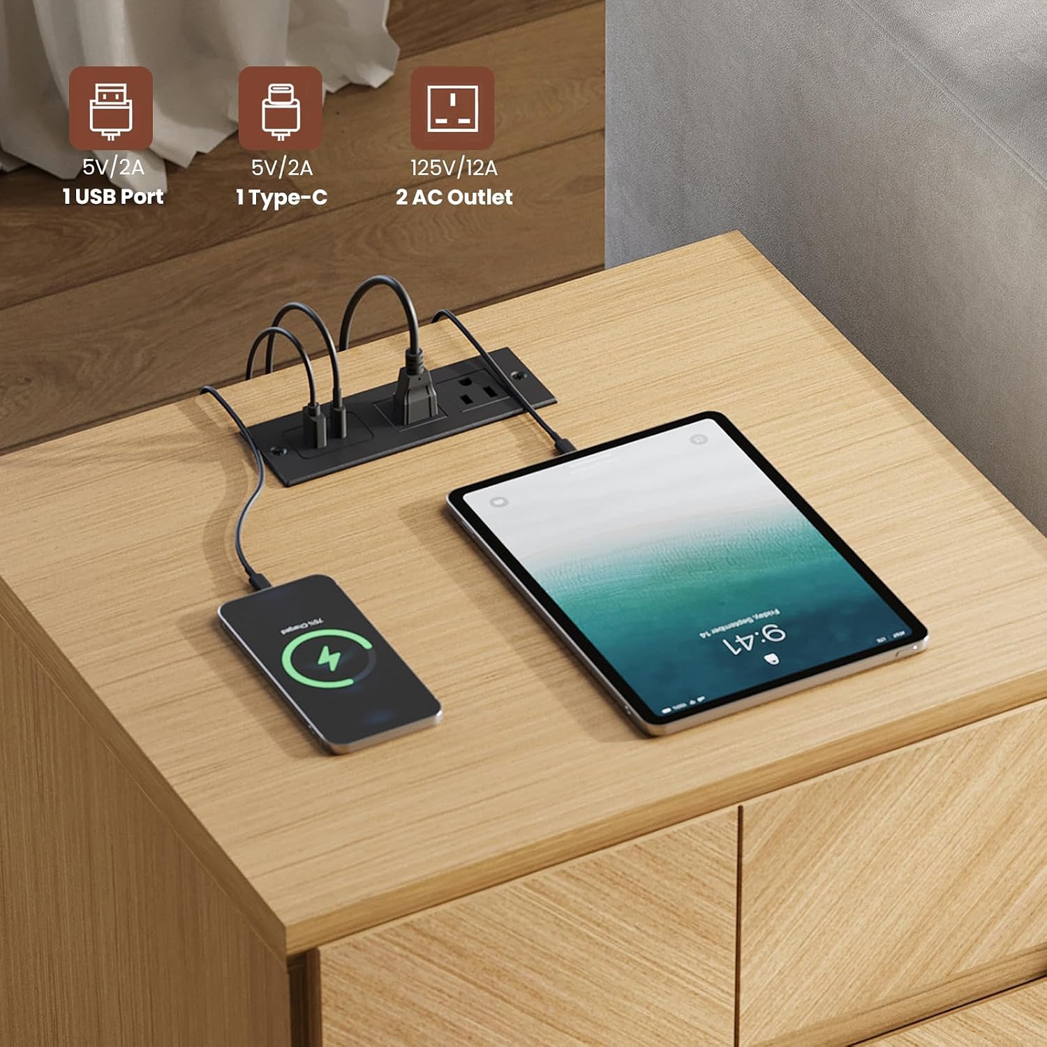 ModernMate 23.5" Tall Modern Nightstand, Wood Bedside Table with Drawer, USB-C Port, Wooden Night Stand End Table for Bedroom, Sofa, Chevron Pattern Design, Stable Legs, Natural Oak