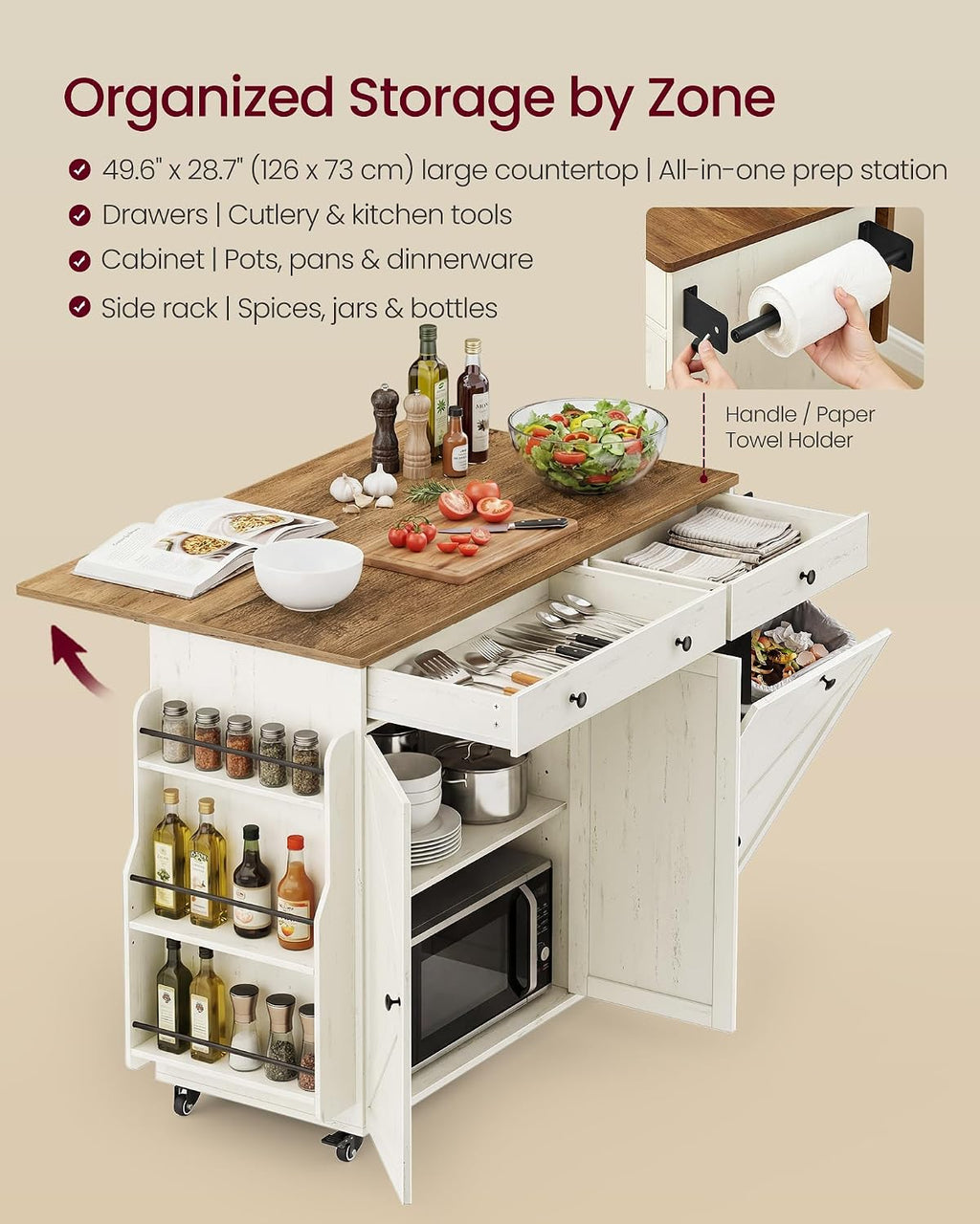 VASAGLE Mobile Kitchen Island with Trash Can Storage, Drop Leaf, Portable Island with Spice Rack, Mobile Cart with Storage Cabinet, for Dining Room, Rustic White and Honey Brown UKKI014WJ01S