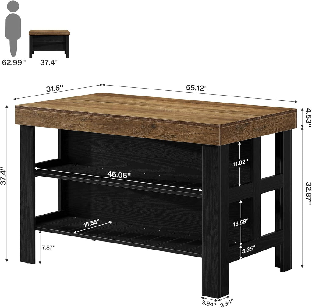 Tribesigns Kitchen Island with Storage and Seating, Farmhouse Large Stationary Wood Island Table for Kitchen Dining Room (Black and Brown)