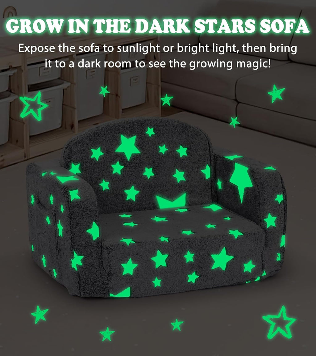 Kids Couch, 2-in-1 Soft Toddler Couch Fold Out with with Blanket and Cloud Pillow, Glow in The Dark, Toddler Chair Comfy, Convertible Sofa, Gifts for Kids Girl Boys, Medium Grey Star