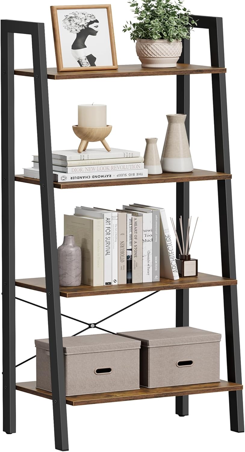 VASAGLE BARNET Collection - Ladder Shelf, Bookshelf, Storage Rack, Modern Bookcase for Living Room Home Office Kitchen, Steel Frame, 4-Tier, 22-Inch Wide, Rustic Brown and Ink Black ULLS44X