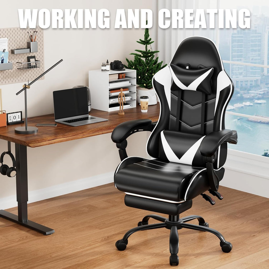 Czlolo Gaming Chair with Footrest, Lumbar Support Massager Video Game Chair with Metal Legs, High Back Reclining Gamer Chair with Headrest, 360° Swivel Office Computer Desk Chair (Snow White)