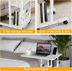 Adjustable C Table,Over Bed Table with Wheels,Rolling Side Table, Over Bed Table with Wheels, Bedside Table, for Sofa Side Small Space, Stable Multi Storage Desk (White)