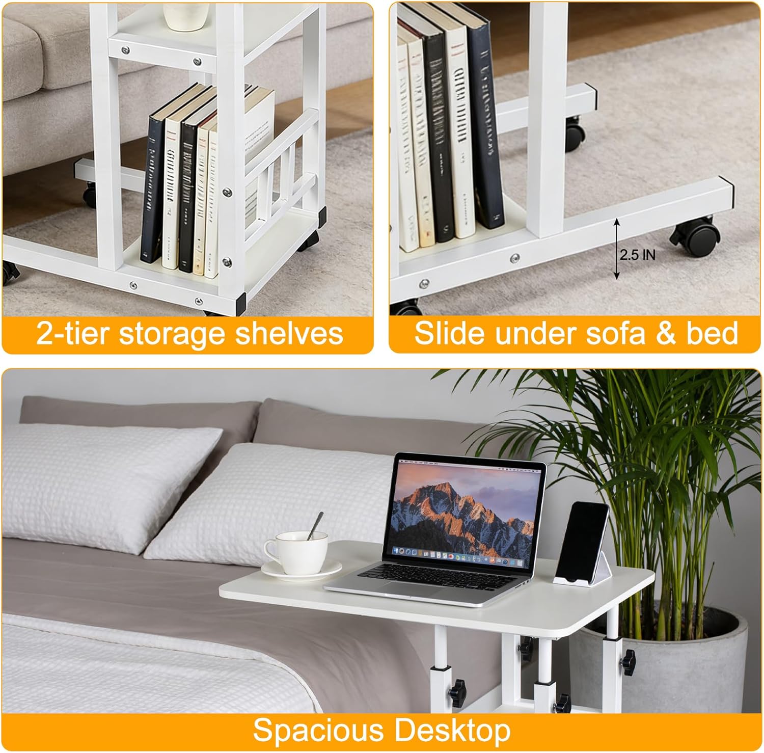Adjustable C Table,Over Bed Table with Wheels,Rolling Side Table, Over Bed Table with Wheels, Bedside Table, for Sofa Side Small Space, Stable Multi Storage Desk (White)
