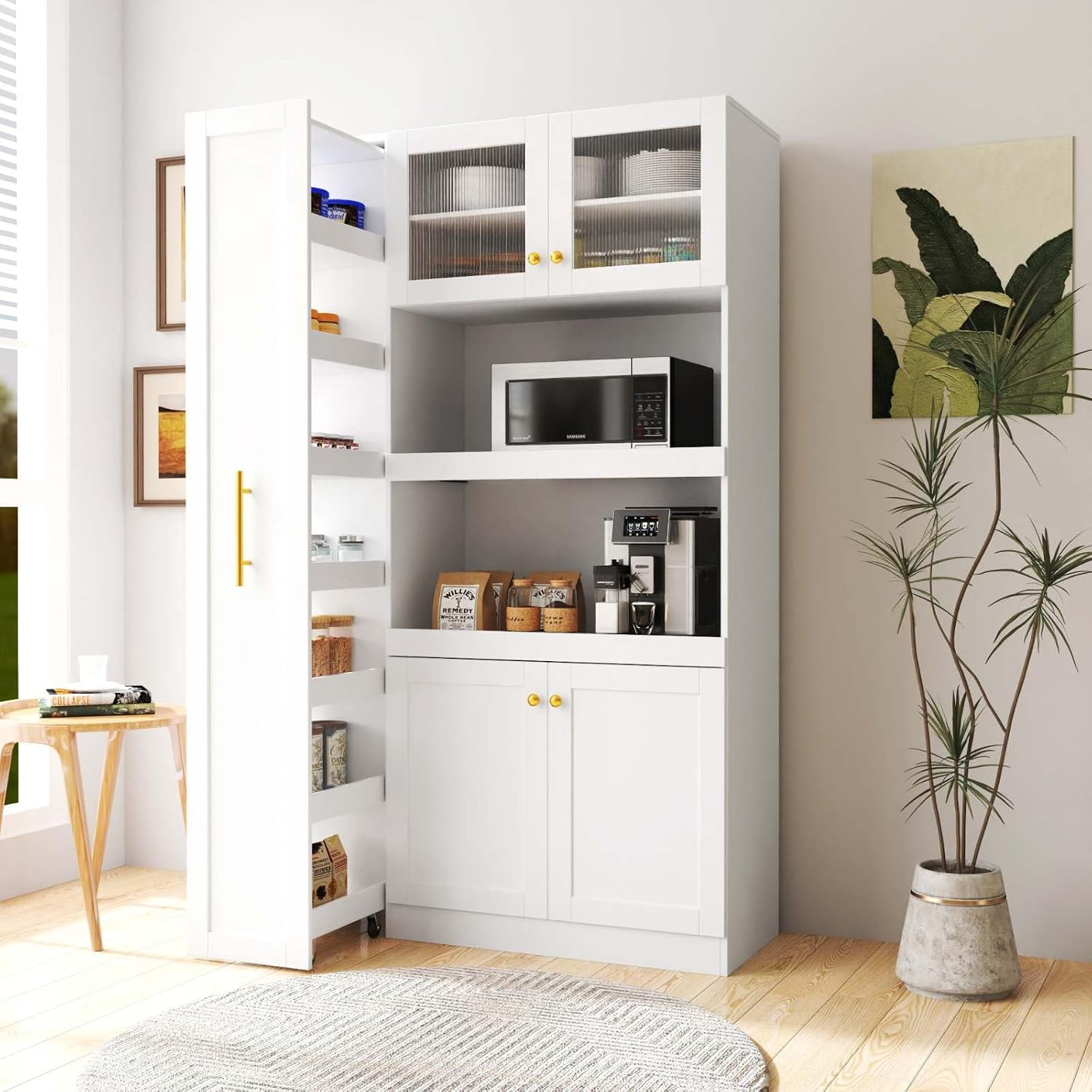 Kitchen Pantry Cabinet with Pull-Out Storage Shelves - Versatile 4-Door Organizer for Kitchen, Dining Room, and More (70.87" H x 43.31" W x 15.75" D), White